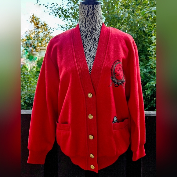 Wool Red Cardigan Women 95 Double Nine Five Lady 1980-90s - Picture 2 of 16